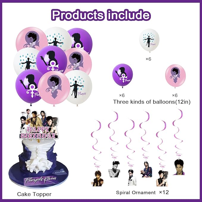 Prince Singer Party Decorations, Rock Singer Theme Birthday Banner Honeycomb Centerpieces Hanging Swirls Party Latex Balloons for Fans Birthday Baby Shower Party Supplies