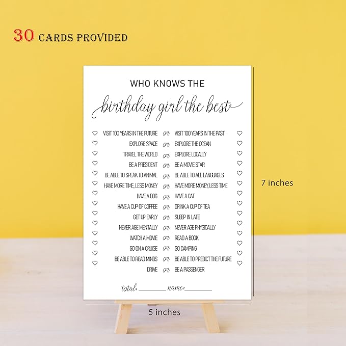 2 Sides Printed Birthday Party Game, Who Knows The Birthday Girl Best Game-Set of 30, How Well Do You Know the Birthday Girl, Bday Questionnaire Party Ideas-WKBG04