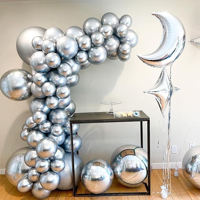 Metallic Silver Balloons Latex Balloon Kit - 78pcs (5/10/12/18inch) Chrome Silver Balloons for Birthday, Wedding, Bridal Shower, Anniversary - Unisex Children & Adults