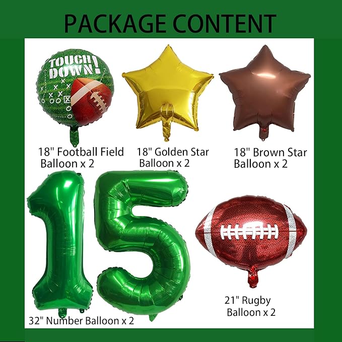 Football Balloons Foil Football Birthday Decorations Balloons Green Number 15 Balloon Gold Brown Star Touchdown Ballons for Rugby Birthday Decorations Sports Ballons Arch Kits Party Balloon Sets 10pcs