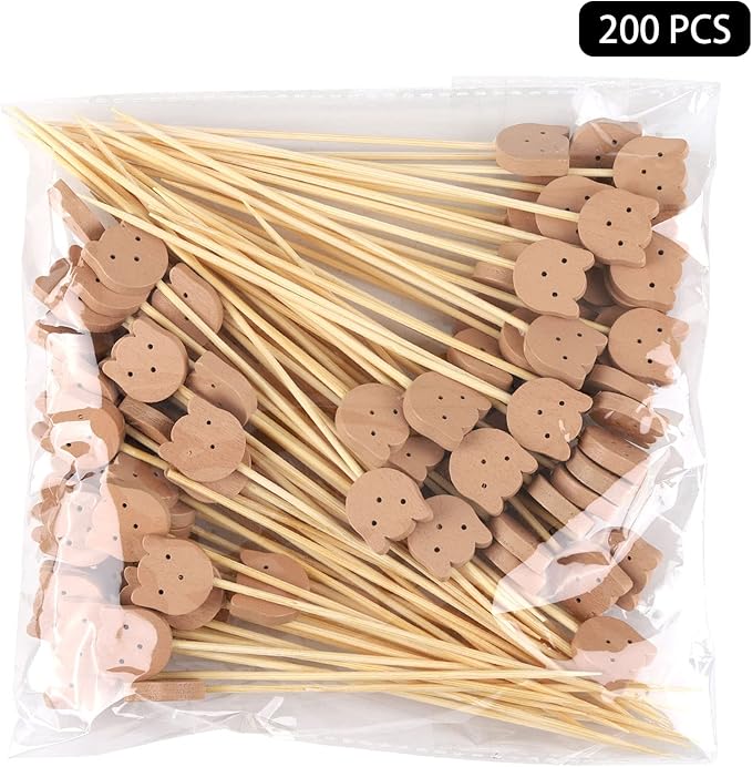 200 Pcs Bamboo Cocktail Picks 4.7 Inch Bear Face Cocktail Sticks Food Picks Garnish Sticks Decorative Toothpicks for Appetizers, Fruits, Dessert, Baby Shower, Birthday Wedding, Party Supplies