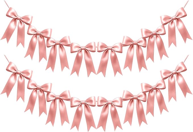 2 Strings of 16PCS Rose Gold Pink Bow Garlands Banner Decoration,Pre-Strung Satin Ornaments for Birthday,Bachelorette Party,Bridal Shower,Wedding,Engagement,Baby Shower,Graduation Decor,Anniversary