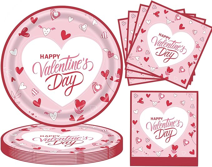 Pink Valentines Day Plates and Napkins Set for 20 Guests - Disposable Heart Paper Plates 9 inch 20 pcs & Floral Napkins 20 pcs, Perfect for Galentines Party Decorations, Romantic Dinner Party Supplies
