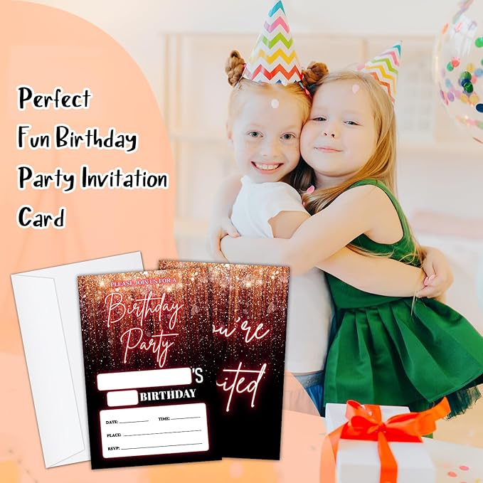 Pink and Glitter Birthday Party Invitation Cards for Boys Girls, Birthday Celebration Party Invite Cards Supplies, 20 Double-Sided Fill In Invites With Envelopes -17