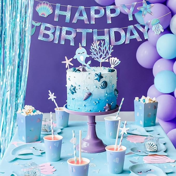 Mermaid Birthday Banner Sign, Mermaid Happy Birthday Bunting Banner Flag Garland for Girls Kids Baby Party, Baby Shower Decorations Supplies