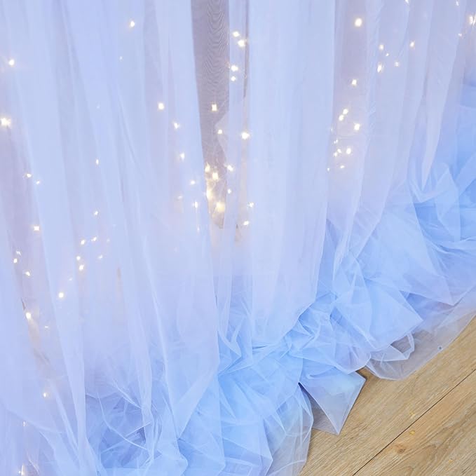 10×15ft Baby Blue Sheer Tulle Backdrop Curtains with Lights String for Parties Baby Shower Decorations for Boy Bridal Shower Birthday Party Photo Shoot Background Wall Decorations 2 Panels 5×15ft