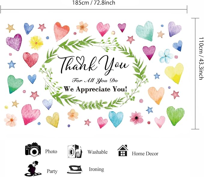 Colorful We Appreciate You Banner Thank You for All You Do Backdrop Heart Flowers Sign for Doctor Nurse Teacher Pastor Staff Employee Retirement Appreciation Theme Party Decorations Supplies