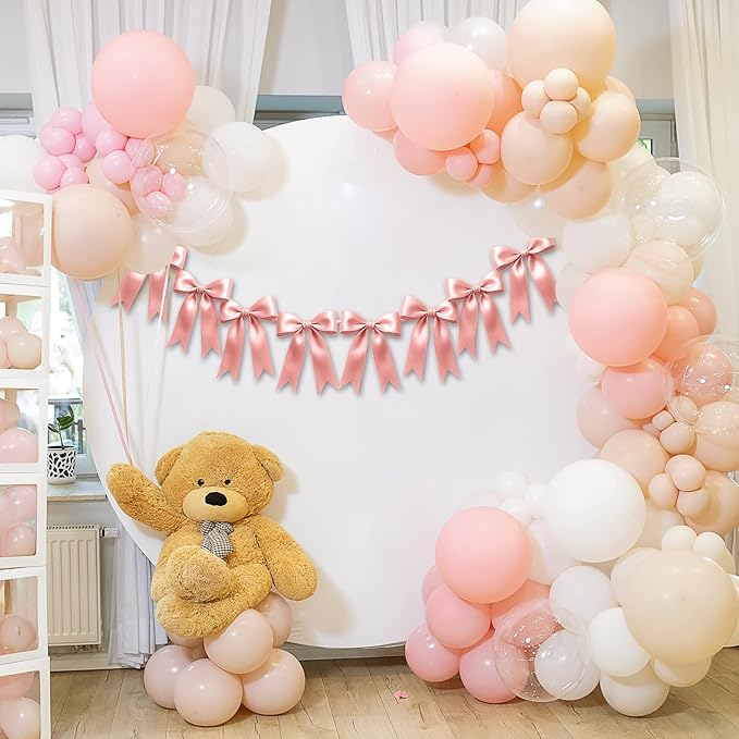 2 Strings of 16PCS Rose Gold Pink Bow Garlands Banner Decoration,Pre-Strung Satin Ornaments for Birthday,Bachelorette Party,Bridal Shower,Wedding,Engagement,Baby Shower,Graduation Decor,Anniversary