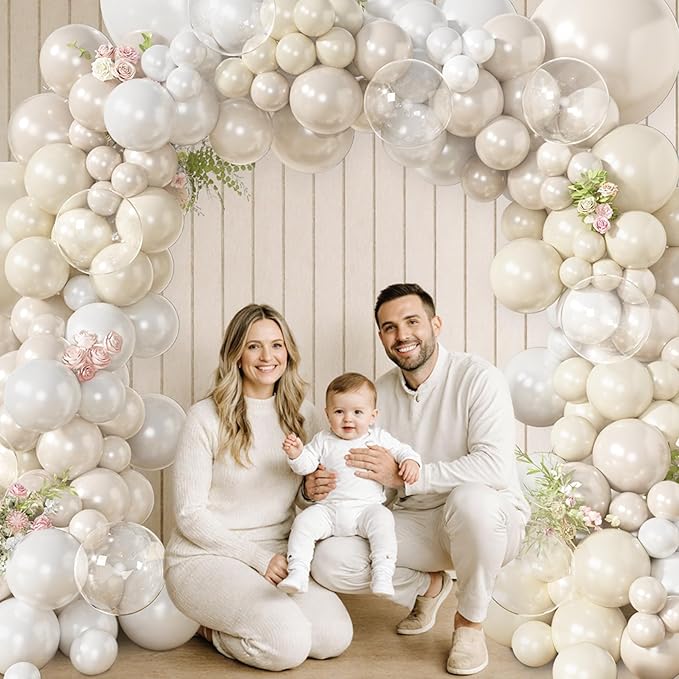 Amandir 173 Pcs Pearl White Balloon Arch Garland Kit, Double-Stuffed Pearl Ivory White Sand Clear Balloons for Wedding Bridal Shower Engagement Anniversary Birthday Party Decorations