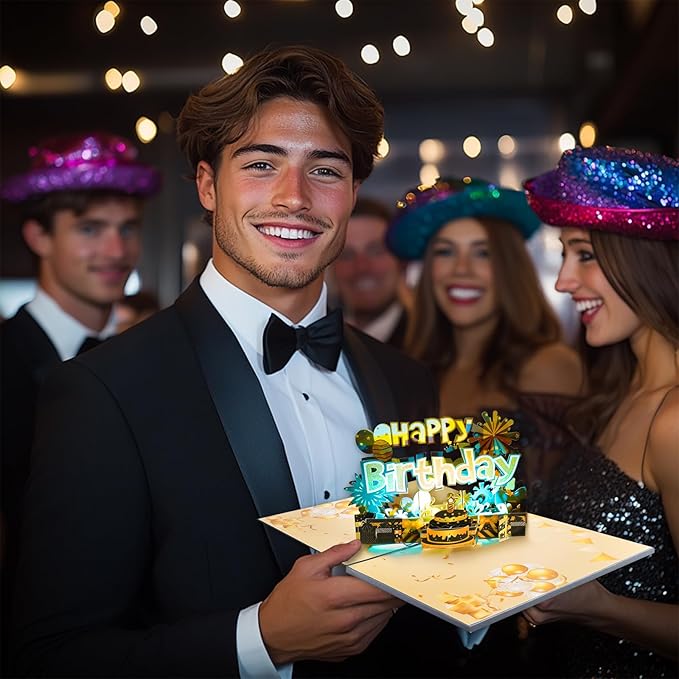 Chocolate-Colored Gilded Cake Music Playing Pop Up Happy Birthday Greeting Card with LED Light, Love Gift for Adult and Kid with Blank Note & Envelope, Celebration for Daughter, Son, Mom, Dad
