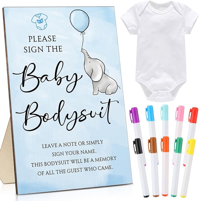 Qunclay 12 Pcs Baby Shower Game Decor with White Unisex Bodysuit Wooden Sign Tabletop Decor and Marker for Guests(Elephant)