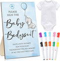 Qunclay 12 Pcs Baby Shower Game Decor with White Unisex Bodysuit Wooden Sign Tabletop Decor and Marker for Guests(Elephant)