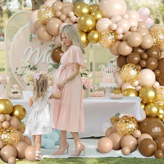 Brown Balloon Garland Arch Kit, Double Stuffed Brown Nude Cream White Balloon Metallic Gold Confetti Balloons for Neutral Gender Reveal Baby Shower Safari Birthday Party Decorations Supplies