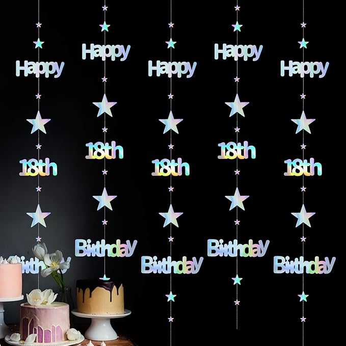 18th Birthday Decorations for Girls Iridescent Metallic Twinkle Star Garland Hanging Streamers Pre-Strung Eighteen Banner 18 Year Old Backdrop Decor Party Supplies