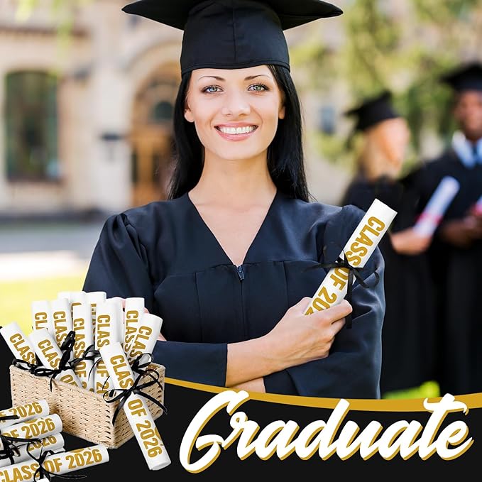 100 Set Graduation Class of 2026 Guest Gold Napkins Black Rolled Silverware Disposable Grad Award Dinner Napkin with Ribbon and Scissors for Celebration