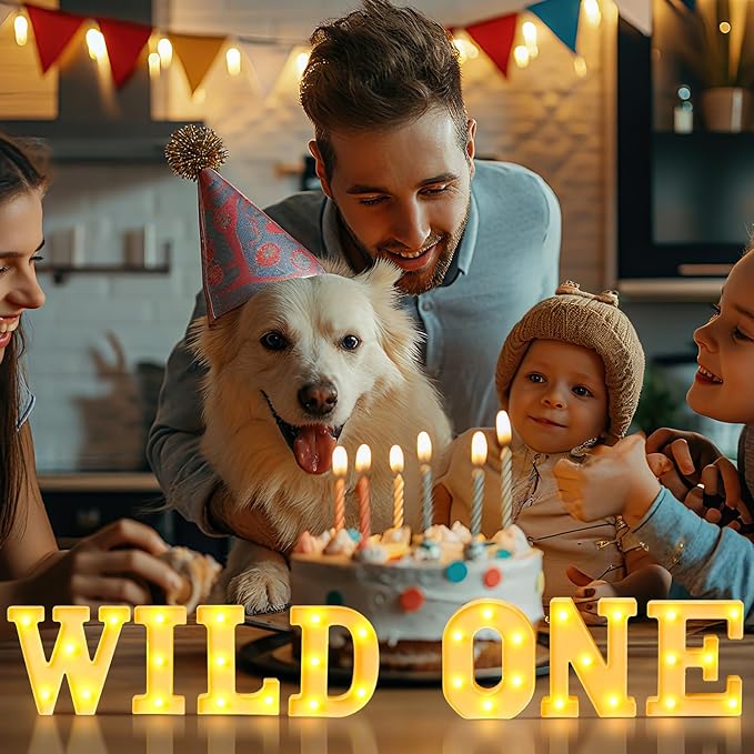 Honoson 7 Pcs Wild One Birthday Party Decorations Wild One Neon Light Sign, 1st Birthday Decorations for Boy or Girl, Warm Lights Decoration for Jungle Animals Theme Party Baby Shower Decoration