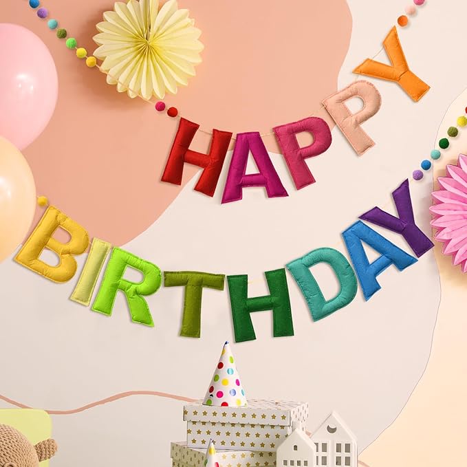 LOLStar Happy Birthday Banner Felt Ball Garland Colorful Dainty Pre-Strung Rainbow Birthday Banner Reusable Happy Birthday Sign Photo Booth Props Primary Color Birthday Party Decoration for Kids Girls