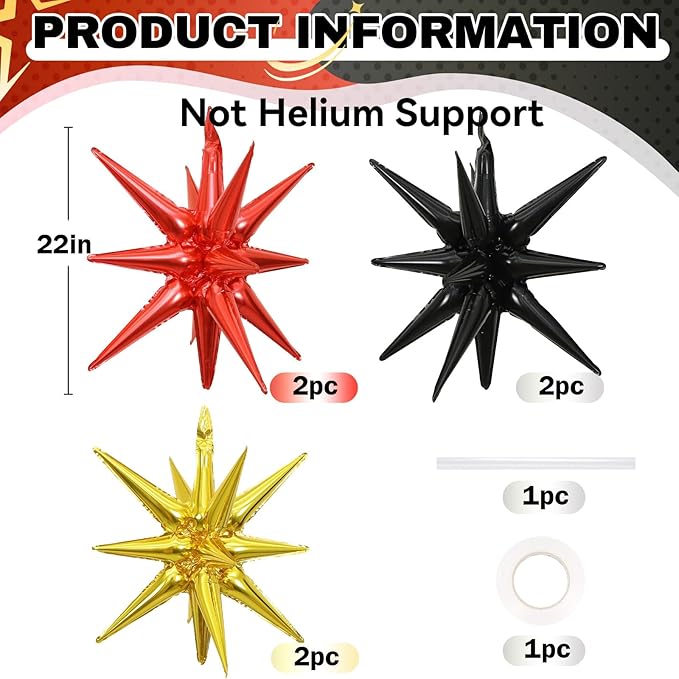 6PCS Star Balloons, 22Inch Red Black and Gold Star Balloon Foil Balloons Spike Cone Balloon for Birthday Anniversary Festival Film Casino New Year Party Decorations