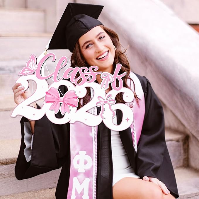 Pink Bow Class of 2026 Wood Signs Graduation Decorations 2026 Wooden Sign Congrats Grad Photo Booth Props for Graduation Party Decorations Wood Cutout College High School Party Supplies