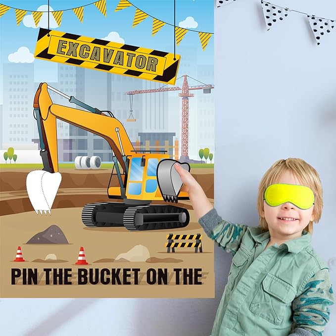 Pin The Bucket on The Excavator Party Games -Construction Themed Birthday Games for Kids Boys with 21'' x 28'' Truck Game Poster, Resuable Stickers Construction Party Supplies Party Favor Sets