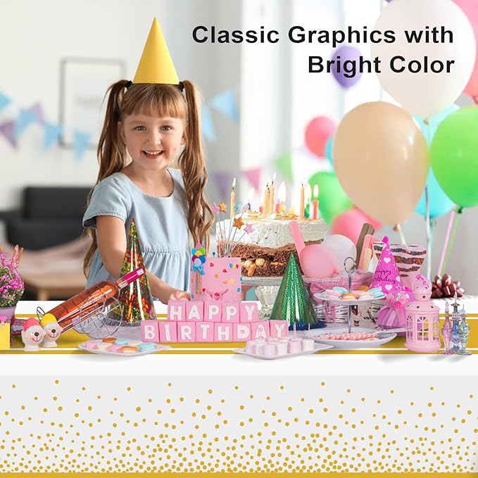 6 Pack White and Gold Tablecloth Party Decorations Plastic White Tablecloth Printed Gold Table Runner 54 x108 Inch Disposable Rectangle Table Cover for Birthday Wedding Graduation