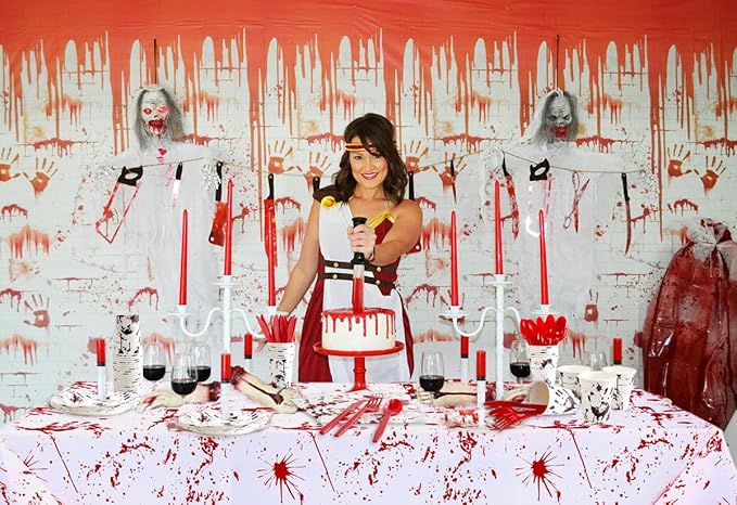 Halloween Party Supplies Dinnerware Decorations - Bloody Zombie Tablecloth, Paper Plates, Cups, Straw, Napkins, Cutlery - Horror Halloween Birthday Party Decorations Tableware Serves 20 Guests-161CT