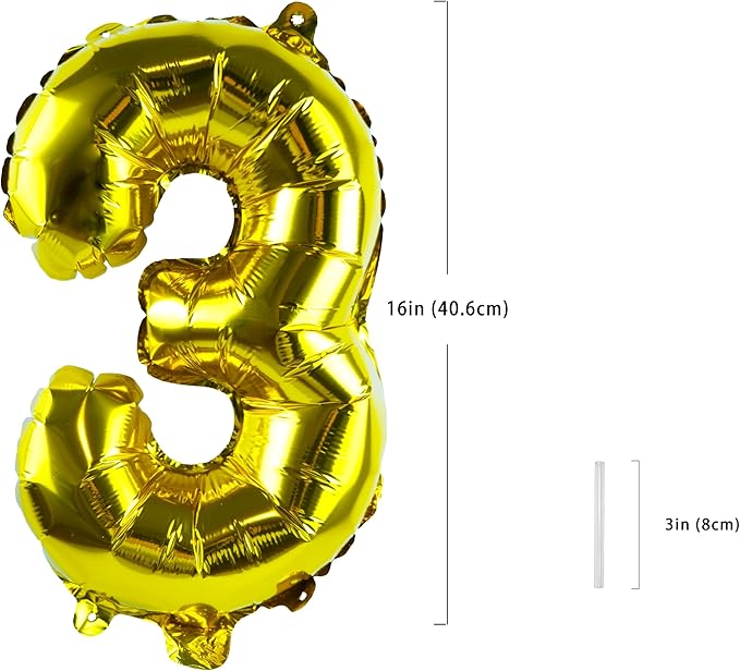 Gold Number “3”Balloons 16 Inch, Mylar Foil Custom Single Letter, Hanging, Reusable for girls boys adults Birthday,Surprise,Wedding, Celebration, Sports Party Event Decoration Supplies