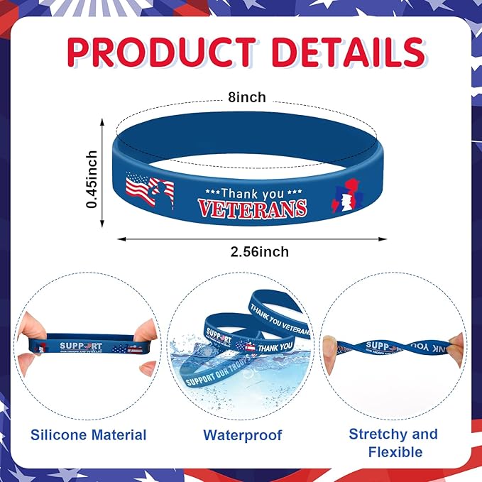 JUNEBRUSHS 42pcs Veterans Silicone Wristband Bulk, American Flag Inspirational Rubber Bracelets for Veteran Memorial Day Inspirational Favor Charity Campaign Supplies