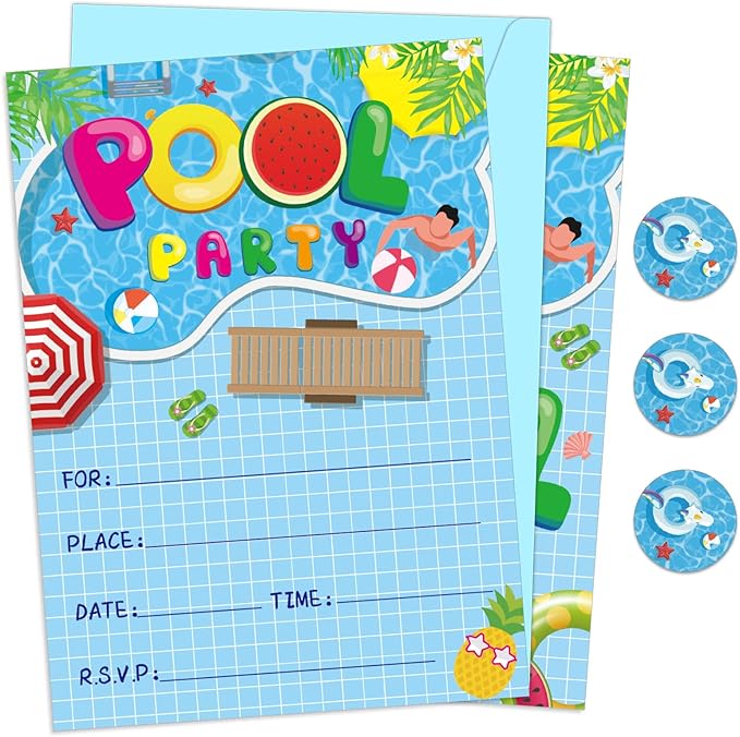 chiazllta Pool Birthday Party Invitations Boys Girls Summer Pool Invitation Cards Set for 30 Guests,Swimming Invitations Supplies with Sticker Labels Envelopes Birthday Decorations