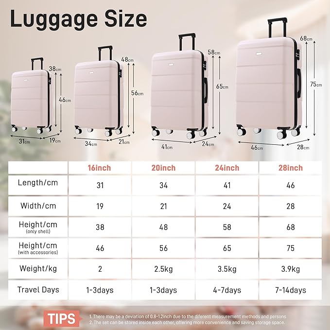6 Pcs ABS Hardshell Luggage Sets Spinner Wheel Suitcase Lock Suitcases Light Pink