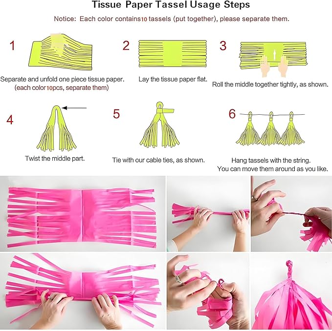 Hot Pink Orange and Pink Tassel Garland Banner - Handmade Paper Tassels for Party Decorations, Wedding Backdrop, DIY Craft Projects (30-Pack)