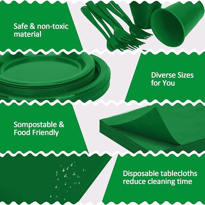 Green Plastic Plates for Party,30 Guest Disposable Plastic Plate Set 9" Plates,7" Dessert Plates,Napkins,12 oz Cups,Forks & Tablecloth for Birthday,Picnic,Christmas