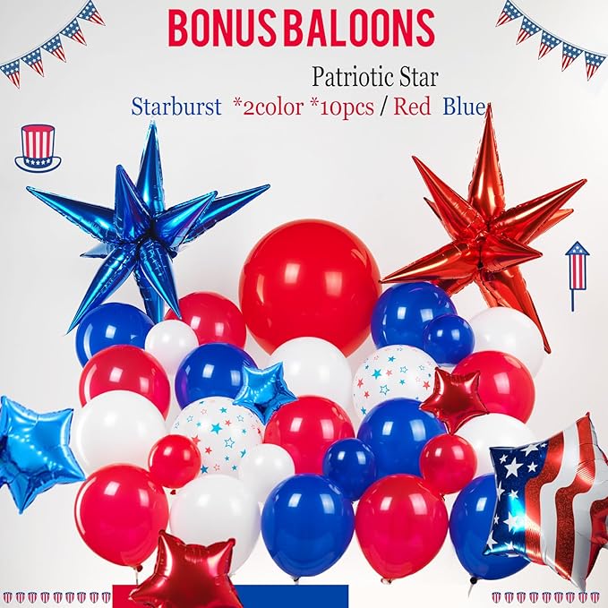 Patriotic balloons Red White and Blue balloon garland arch kit with star print and flag star mylar balloon Tissue Paper Tassels Banner for 4th of july independent day Veteran Day party decorations