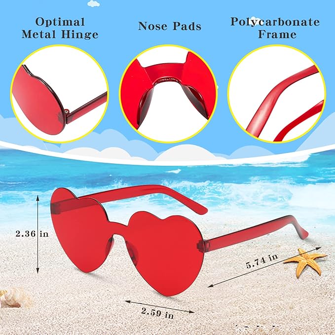 YQVIE 20 Pack Heart Shaped Sunglasses One Piece Candy Color Rimless Glasses for Women Bachelorette Party Supplies
