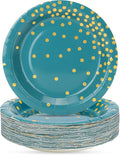 Blue Green Gold Paper Plates,100 Pack Gold Dots Party Paper Plates,Disposable Party Supplies Dessert Plate for Father's Day,Independence Day,Birthday,Picnics(7Inch)