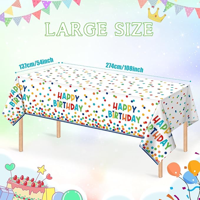 3 Pack Happy Birthday Plastic Tablecloth Decorations,Disposable Colorful Polka Dots Table Cloths,Rectangle Waterproof Table Cover for Girls Boys Birthday Baby Shower Party Decorations,54x108 Inch