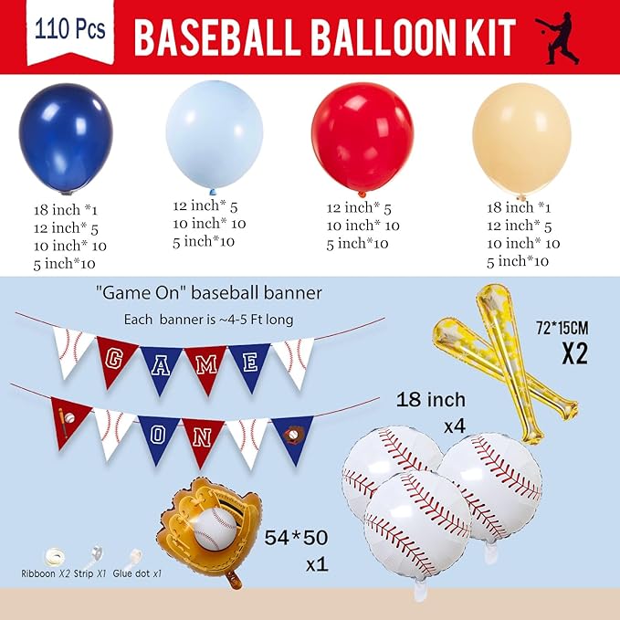Baseball Balloon garland kit 170pcs Navy Blue Red White and Diy large Starburst Baseball bat glove balloons fot Sport theme Party Rookie Year 1st Birthday decorations