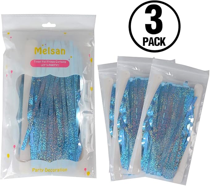 Foil Fringe Curtains Easter Decorations for Home - Melsan 3 Pack 3.2 x 8.2 ft Tinsel Curtain Party Photo Backdrop for Birthday Party Baby Shower or Graduation Decorations Light Blue