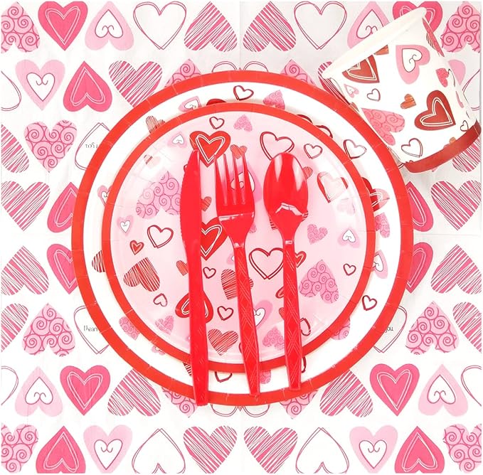Valentine Party Supplies Pack Serving 24 Guests, Including Dinner Plates, Luncheon Napkins Knife Fork Spoon and Cups Tableware Set Kit for Valentines Day Wedding Anniversary Party Decorations Favors