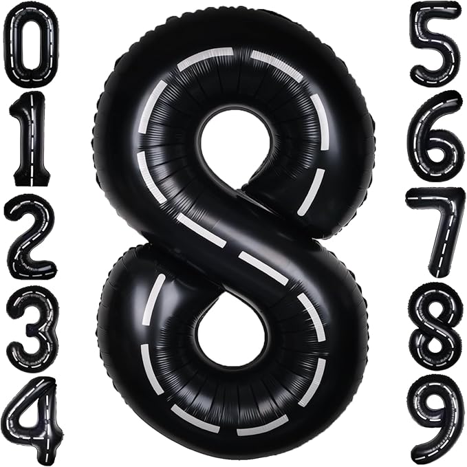 Race Car 40Inch Black 8 Balloon Number Large Helium Race Track 0-9 Giant Digital 8th Foil Mylar Big Party Number Balloons for Boy Birthday Car Theme Party Anniversary Graduation Decorations