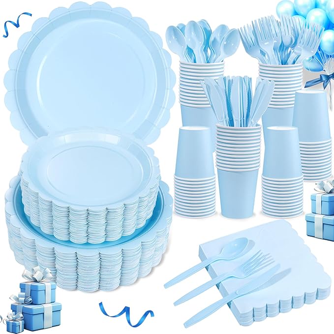 LIYH 350 Pcs Light Blue Paper Plates and Napkins 50 Guest Blue Party Supplies Include Scalloped Easter Paper Plates Cocktail Napkins Cups Spoons Forks Knives for Baby Shower,Birthday