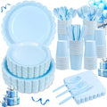 LIYH 350 Pcs Light Blue Paper Plates and Napkins 50 Guest Blue Party Supplies Include Scalloped Easter Paper Plates Cocktail Napkins Cups Spoons Forks Knives for Baby Shower,Birthday