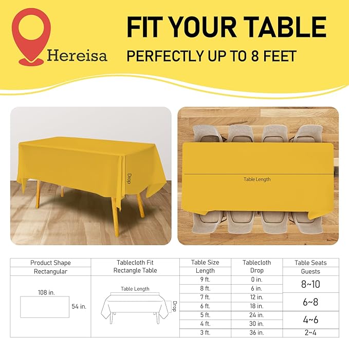 24 Count Plastic Tablecloth, Premium Heavy Weight, 54 x 108 inch, Rectangle (Yellow)
