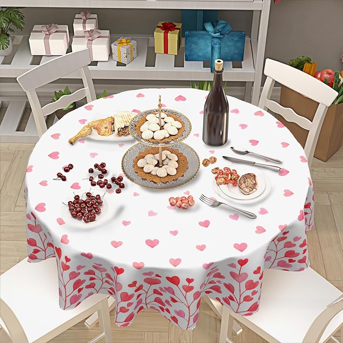 Valentine's Day Round Tablecloth 60 Inch Heart Pattern Circle Table Cloth Pink and White Table Cover Washable Polyester Indoor Decorations for Home Kitchen Dinning Party