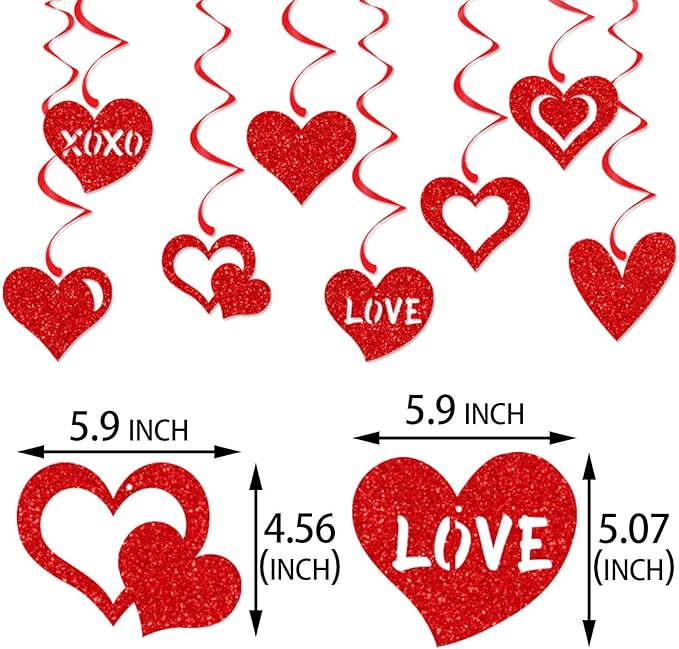 Red Heart Swirls Party-Decorations - 16Pcs Romantic Special Night Galentines Hanging Streamers Garland,Valentines Girl Wedding Anniversary Baby Bridal Shower Birthday Decor Supplies Hugtmr