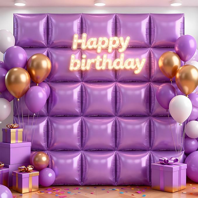 50Pcs Light Purple Square Foil Balloons Wall Backdrop, Double Sided Metallic Foil Balloons Tunnel Arch Garland Kit for Photo Booth Birthday Wedding Halloween Christmas Party Decorations