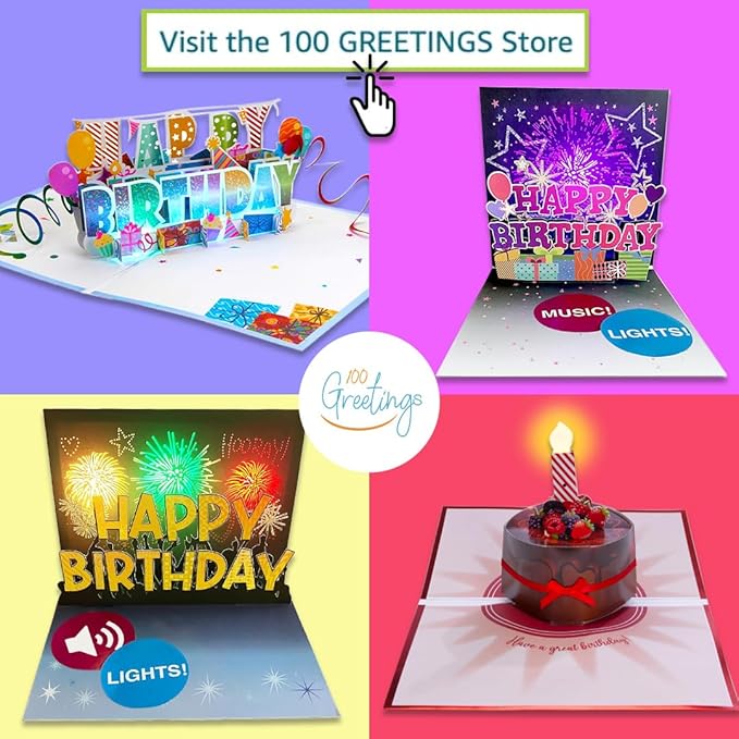 100 GREETINGS 3D Pop Up Birthday Card - Plays 'Happy' with Lights & Music, Unique BDay Singalong for Women, Men, Mom, Grandma & Grandpa