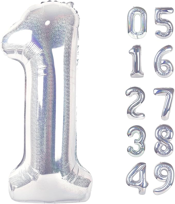 40 Inch Laser Silver 1 Balloon for First Birthday, 1st Number Balloons Birthday Decorations for Girl Kids Toddler Baby, One Giant Number 1 Balloon