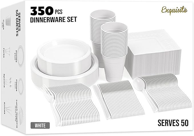 Party Solids 350 Pieces White Plastic Plates For Party, White Disposable Plates Set, 50 Of Each 9" Dinner Plate Set, 7" Dessert Plate, Cups, Napkins & Cutlery Plastic Dinnerware Set