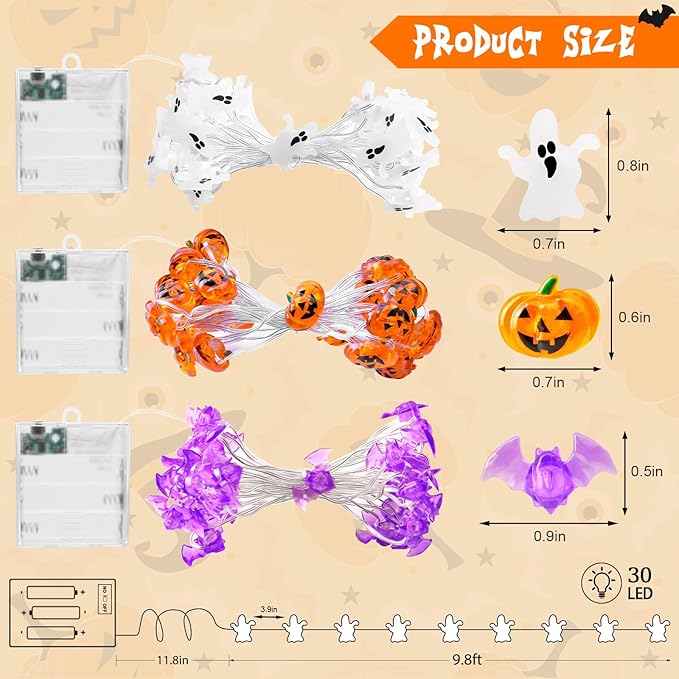 Halloween String Lights, Pumpkin Ghost Bats Mini Halloween Lights with Timer Indoor Battery Operated 9.8ft 30LED Trick or Treat Decorations for Home Decor Indoor Party Holiday